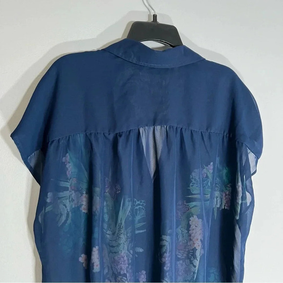 Roz & Ali Tie Front Button Up Blouse Women’s 1X Plus Navy Tropical Semi-Sheer - Picture 4 of 7